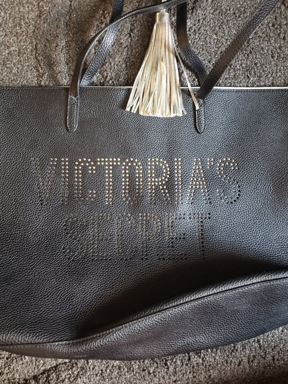 Victoria's Secret Black Large Tote Logo Studded Tassel Charm Lightweight